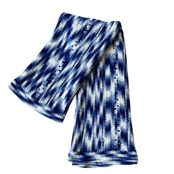 Handmade Blue White Ripple Wave Crochet Throw Afghan Blanket 48"x56" Grandmacore - Picture 5 of 10